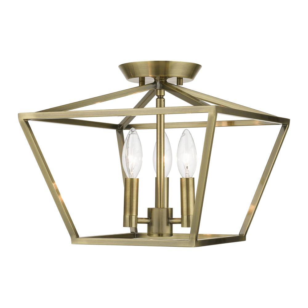 3 Light Antique Brass Square Semi-Flush