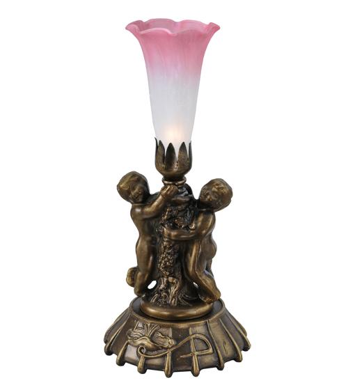 12" High Pink/White Pond Lily Twin Cherub Mini Lamp