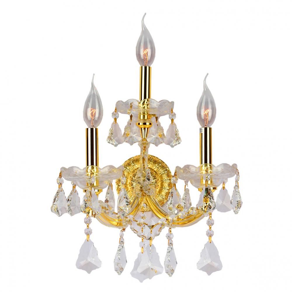 Maria Theresa 3-Light Gold Finish and Clear Crystal Candle Wall Sconce Light 12 in. W x 22 in. H Med