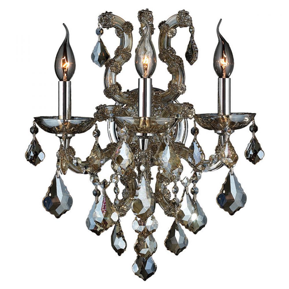 Maria Theresa 3-Light Chrome Finish and Golden Teak Crystal Candle Wall Sconce Light 15 in. W x 19 i