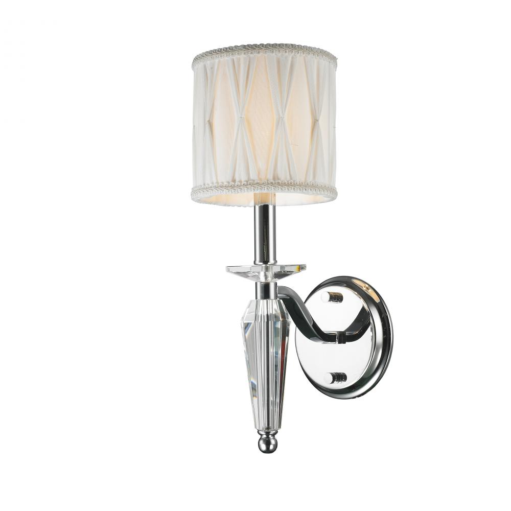 Gatsby 1-Light Chrome Finish and Clear Crystal Wall Sconce Light with White Fabric Shade 6 in. W x 1