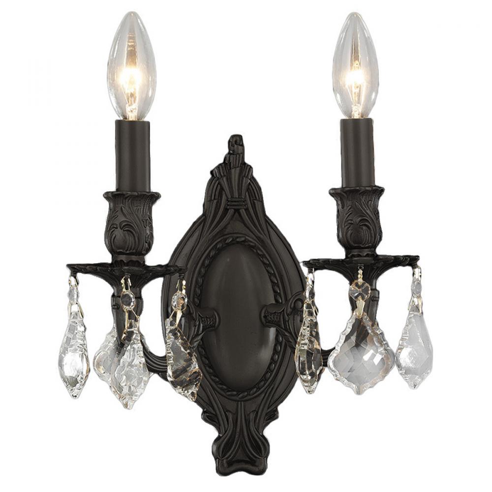 Windsor 2-Light dark Bronze Finish Crystal Candle Wall Sconce Light 9 in. W x 10.5 in. H Medium