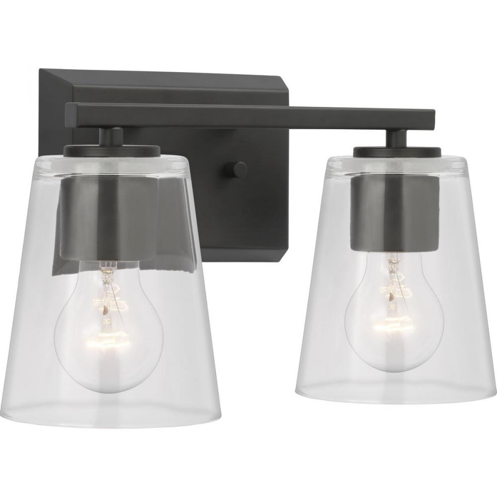 Vertex Collection Two-Light Matte Black Clear Glass Contemporary Bath Light