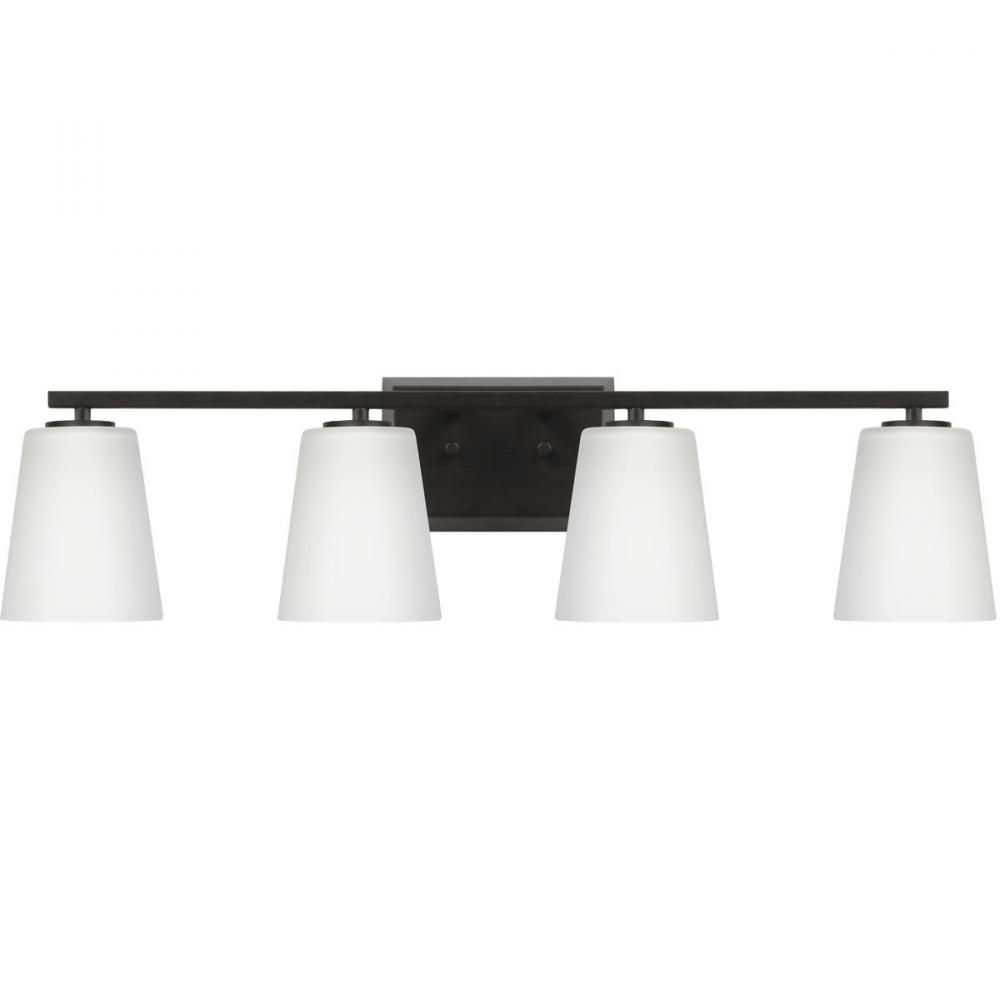 Vertex Collection Four-Light Matte Black Etched White Glass Contemporary Bath Light