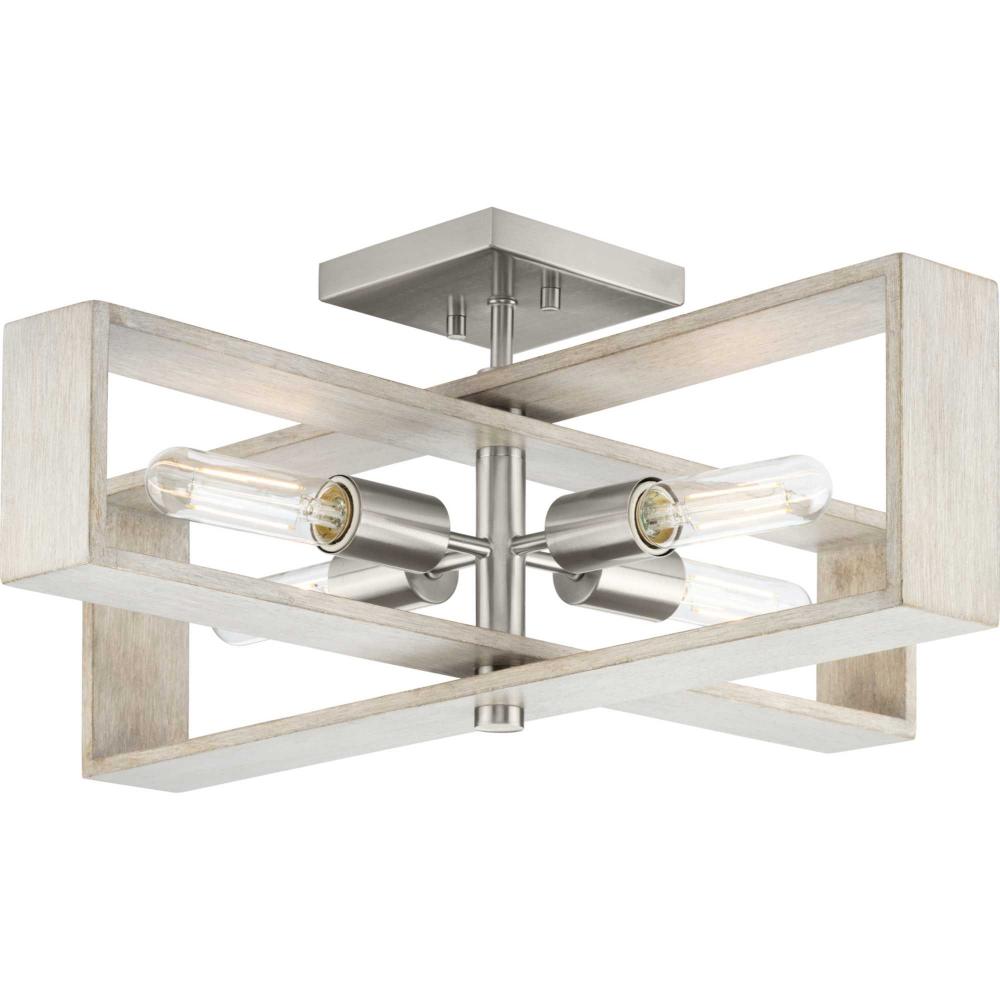 Boundary Collection 24 in. Four-Light Brushed Nickel Grey Washed Oak Modern Flush Mount Light