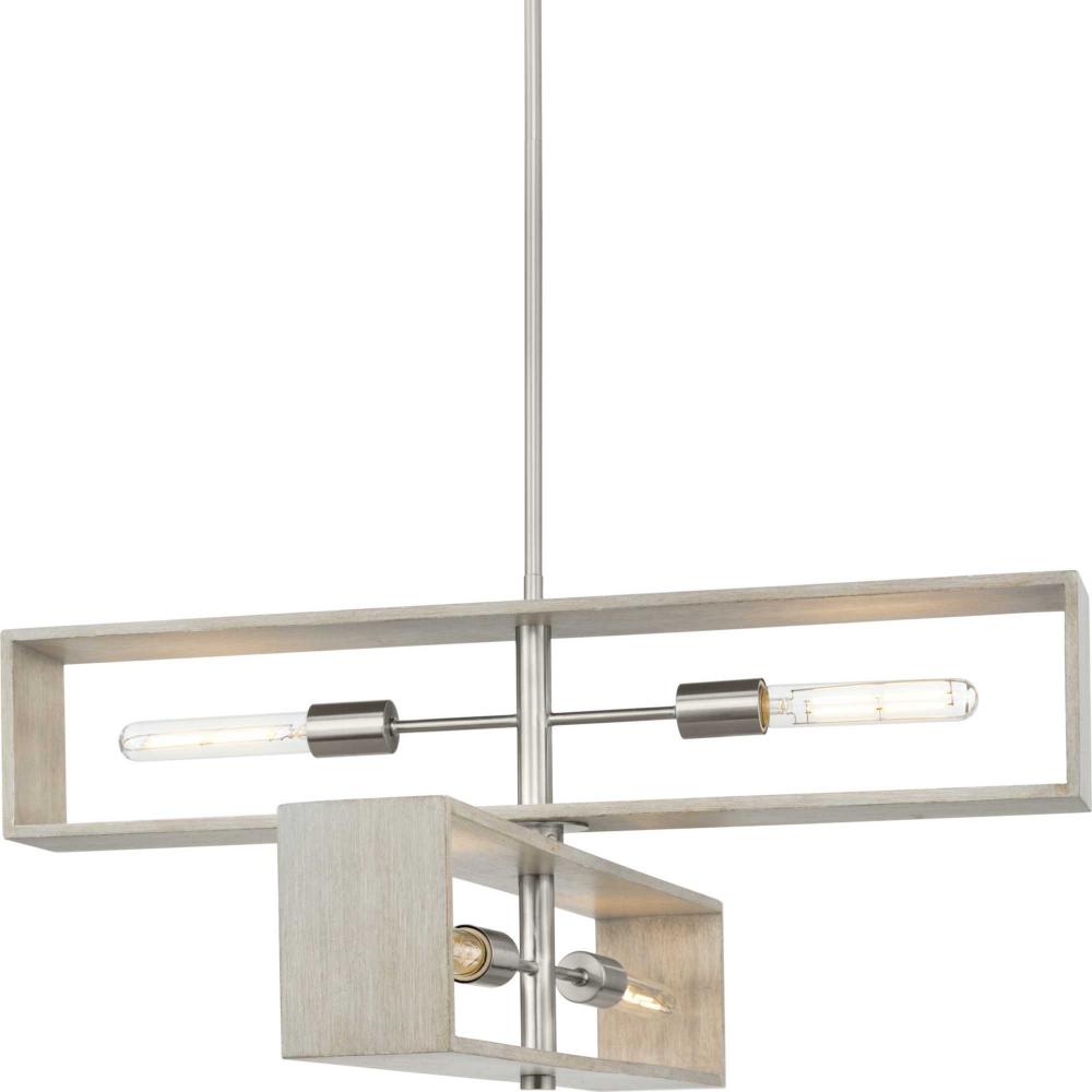 Boundary Collection Four-Light Brushed Nickel Grey Washed Oak Modern Chandelier