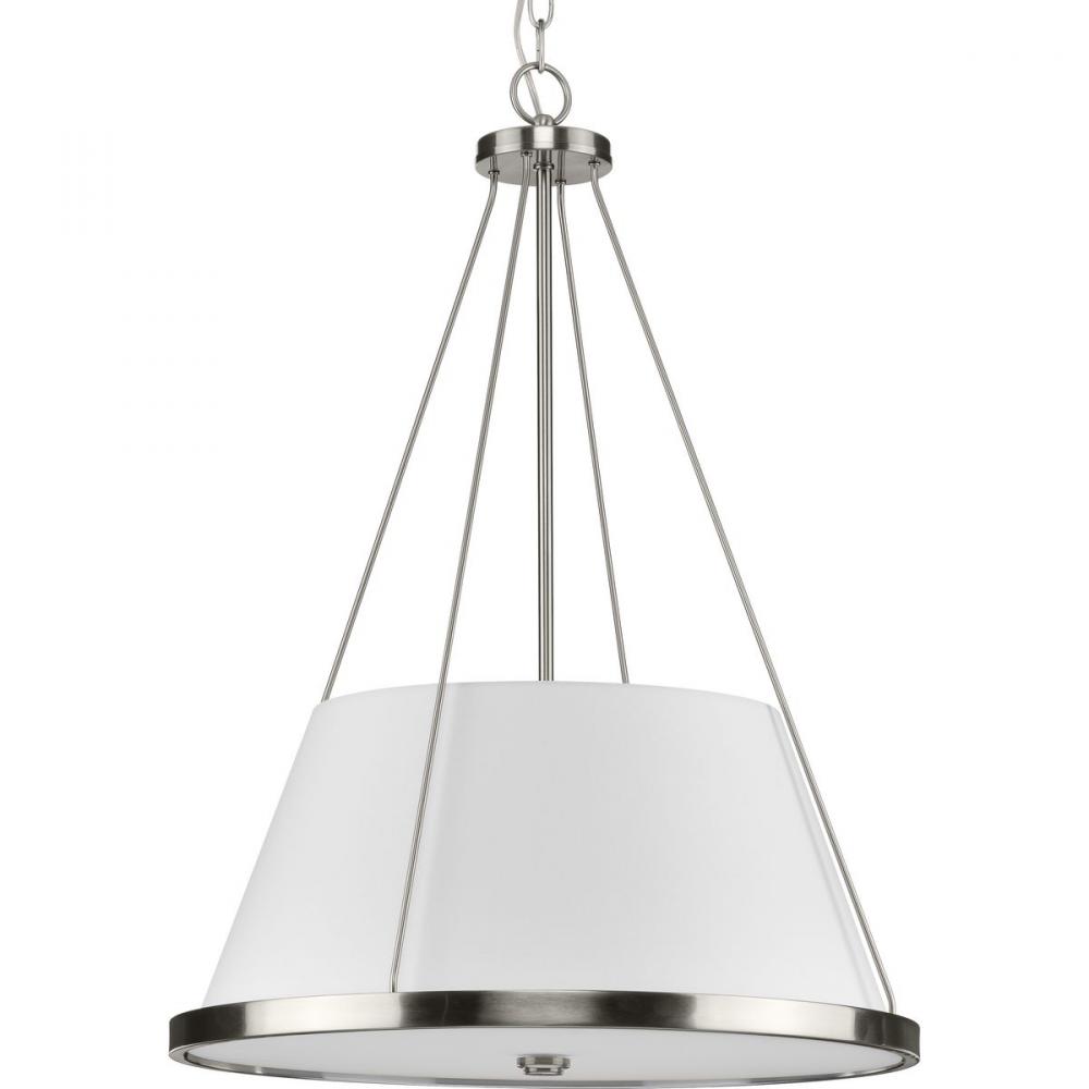 Saffert Collection Three-Light New Traditional Brushed Nickel White Linen Shade Pendant Light