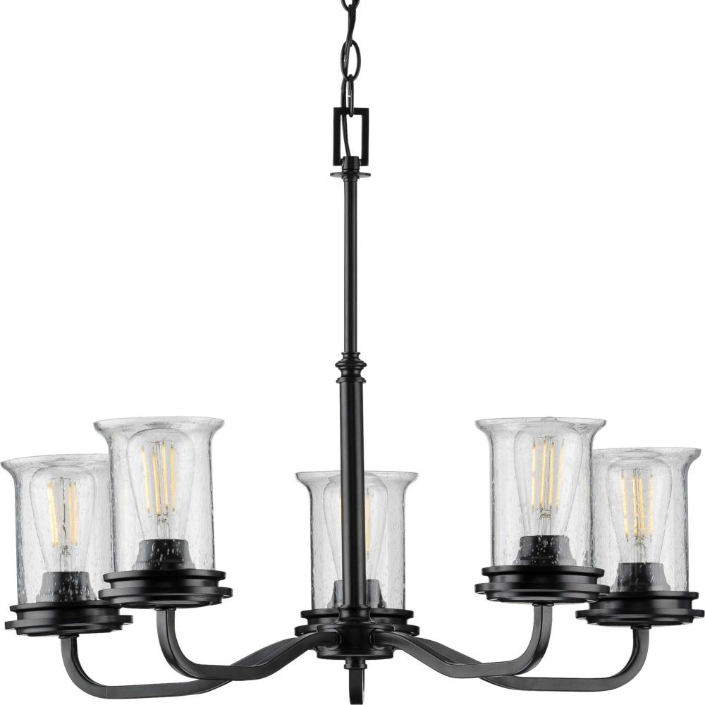 Winslett Collection Five-Light Matte Black Clear Seeded Glass Coastal Chandelier Light