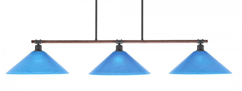 Blacksmith 3 Light Bar, Painted Wood-Look Metal & Dark Granite Finish, 16" Blue Italian Glass