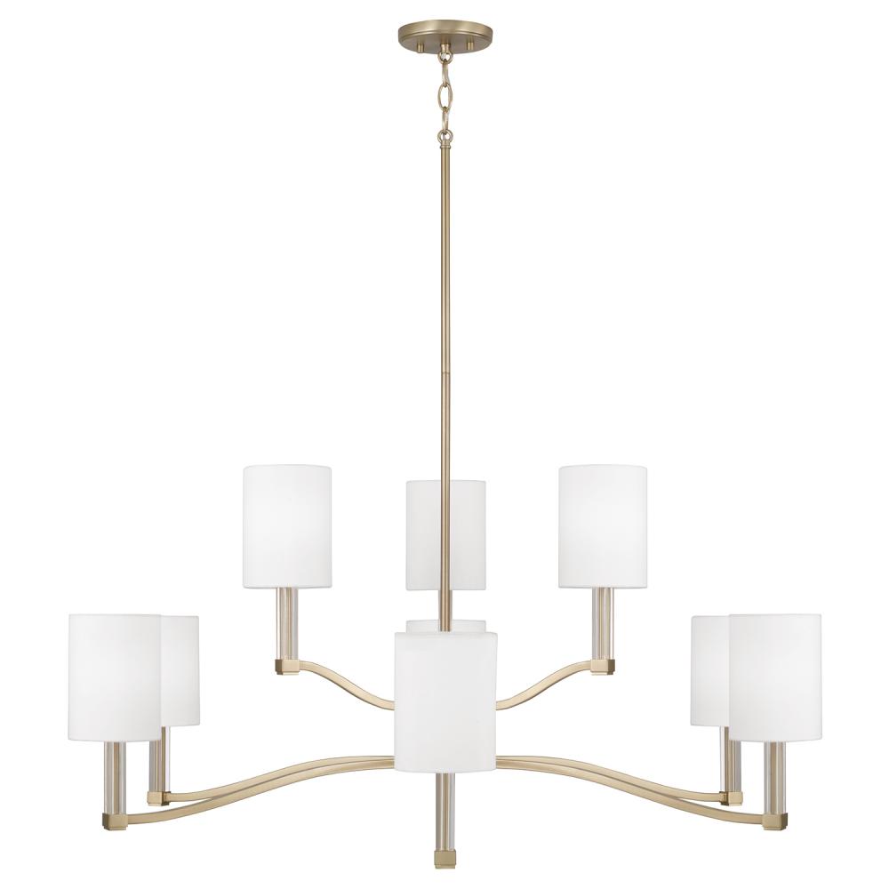 9-Lt Two-Tier Chandelier in Matte Brass w/ Clear Acrylic Accents and Cylindrical White Fabric Shades