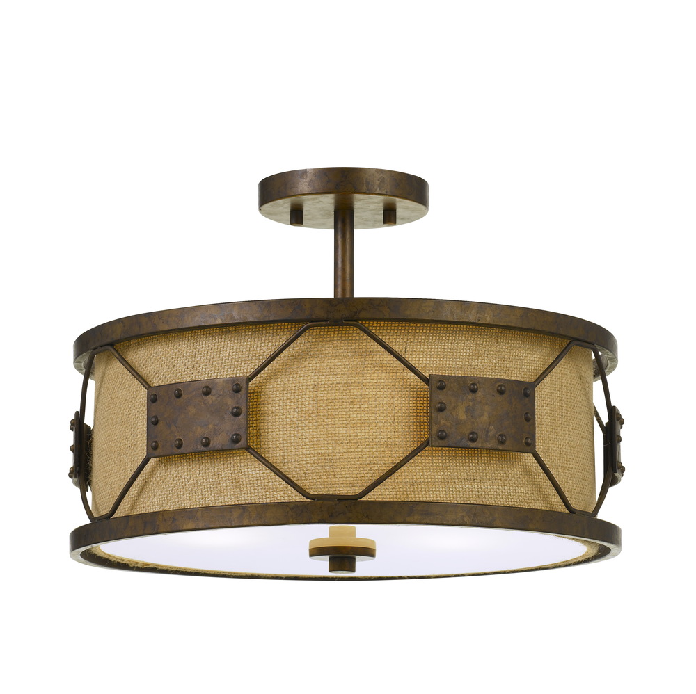 60W X 3 Ragusa Metal 2 in 1 Pendant/Semi Flush Mount Fixture With Burlap Shade