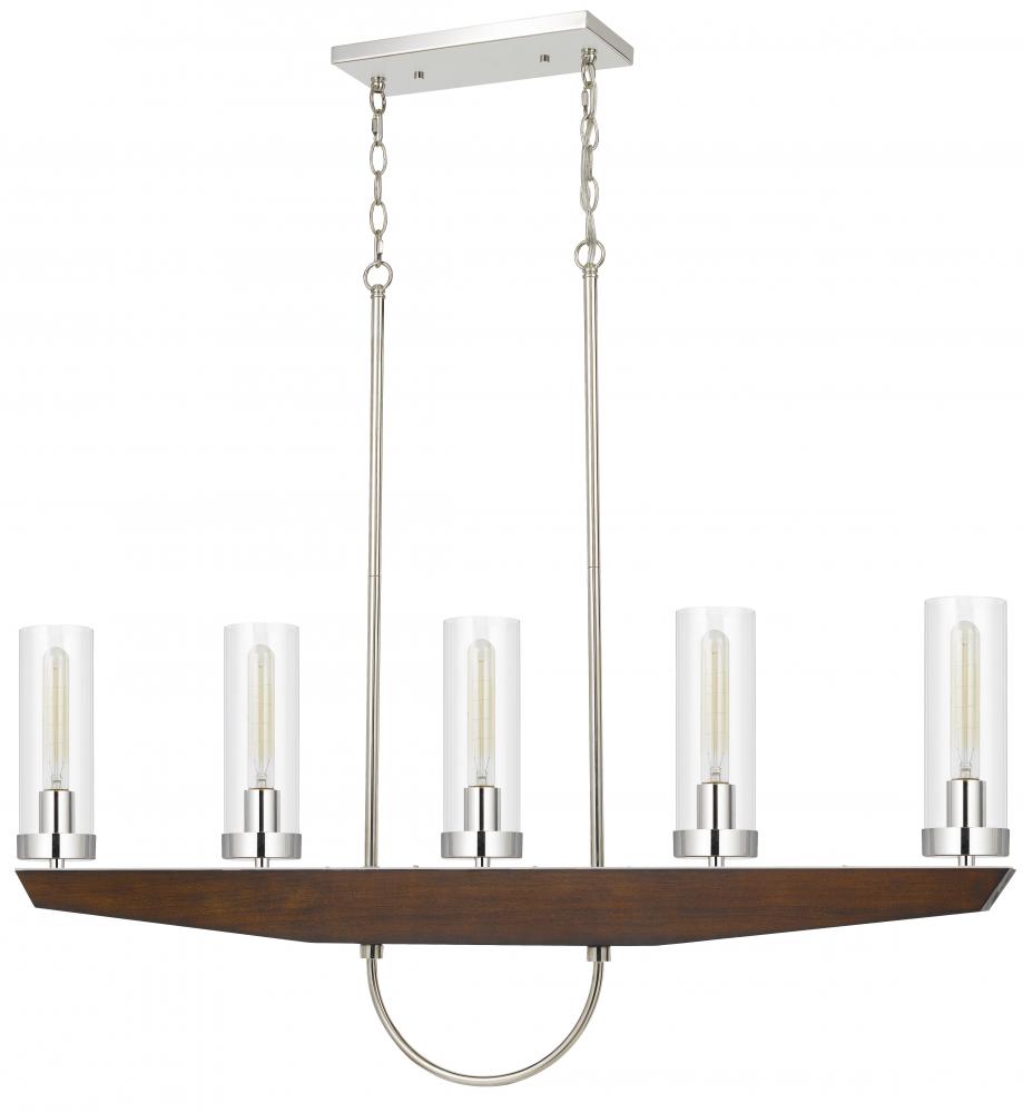 60W x 5 Ercolano pine wood/metal island chandelier with clear glass shade (Edison bulbs NOT inc