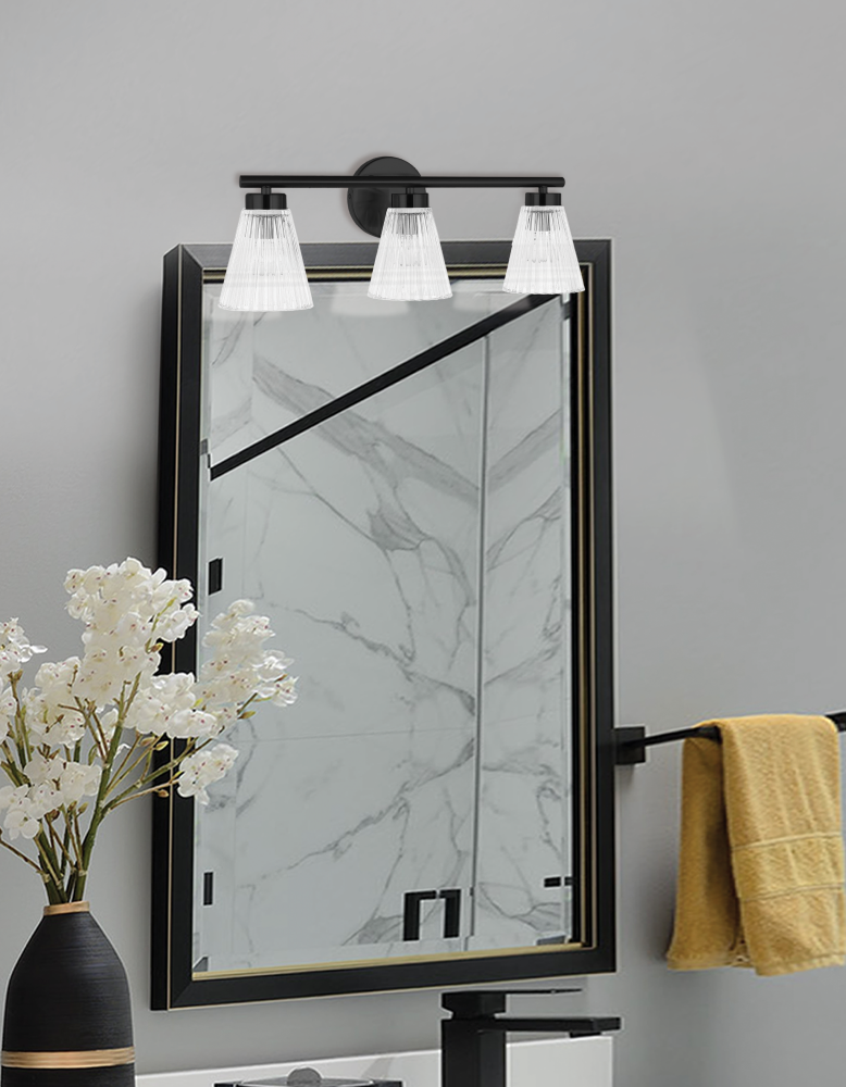 3LT Incandescent Vanity, MB with CLR Ribbed Glass