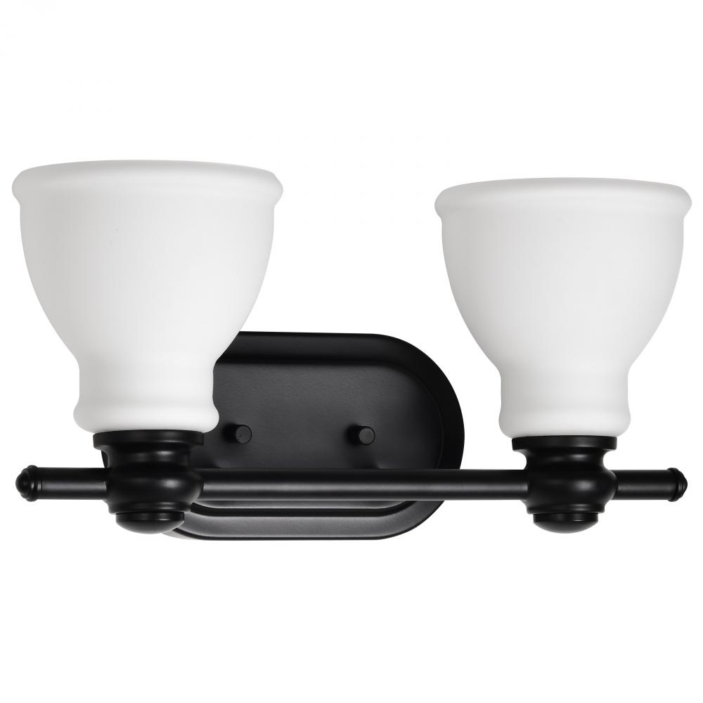 Russel; 2 Light Vanity; Matte Black with Satin White Glass